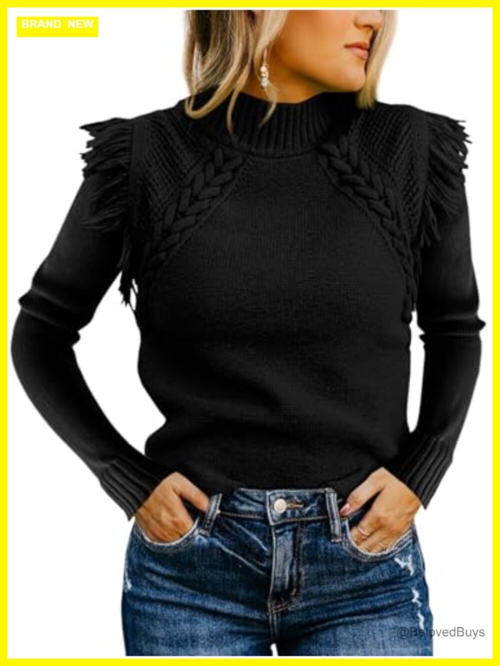 Women's Cable Knit Mock Neck Fringe Pullover Sweater Long Sleeve Boho